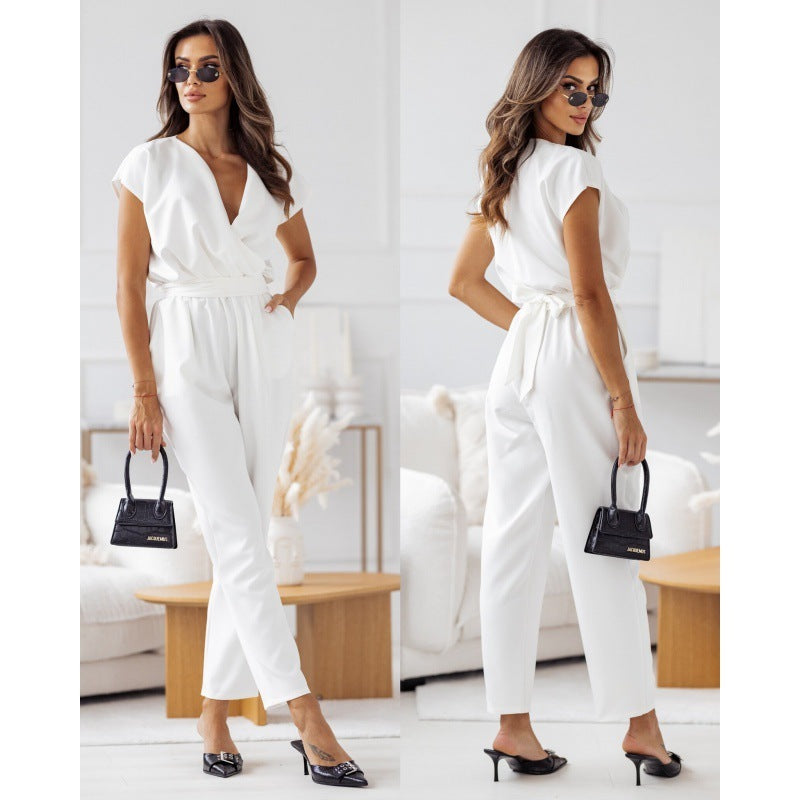 Combinaison Été Slim à Manches Courtes et Ceinture pour Femme