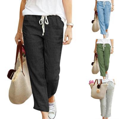 Pantalon en Coton et Lin avec Taille Élastique et Cordon