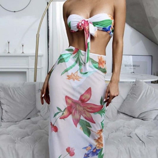 Bikini Imprimé Sexy avec Jupe en Tulle – Ensemble 3 Pièces