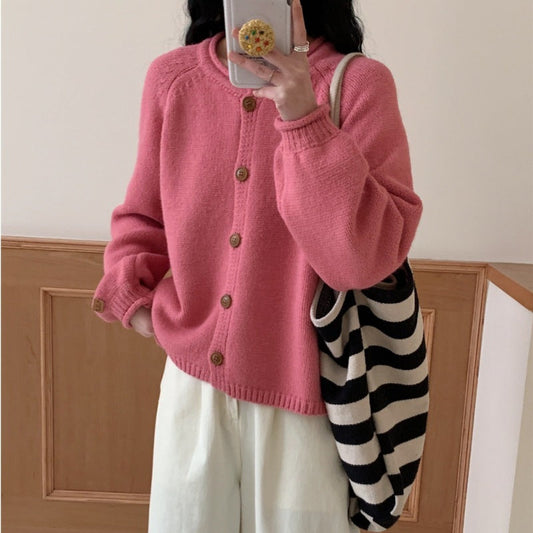 Cardigan Tricoté Vintage à Couleur Unie